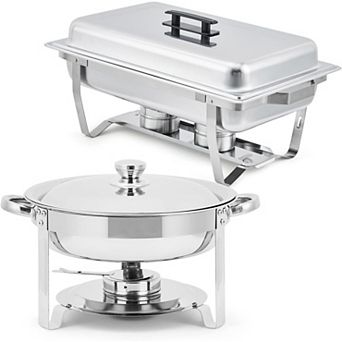 2-Pack Stainless Steel Chafing Dish Set (Rectangular & Round) - Lidded Buffet Warmers for Catering