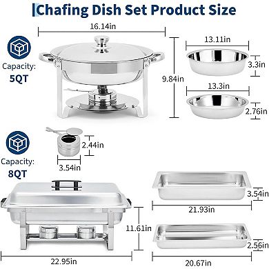 2-Pack Stainless Steel Chafing Dish Set (Rectangular & Round) - Lidded Buffet Warmers for Catering