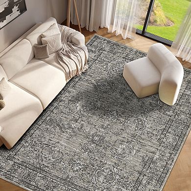 Washable Distressed Accent Rug, Ultra Thin Soft Foldable Vintage Floral Print Carpet