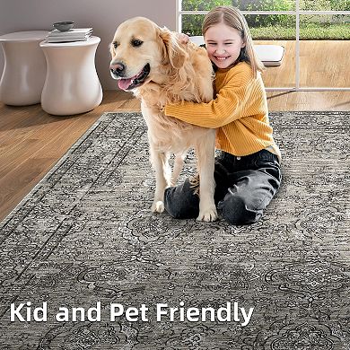 Washable Distressed Accent Rug, Ultra Thin Soft Foldable Vintage Floral Print Carpet