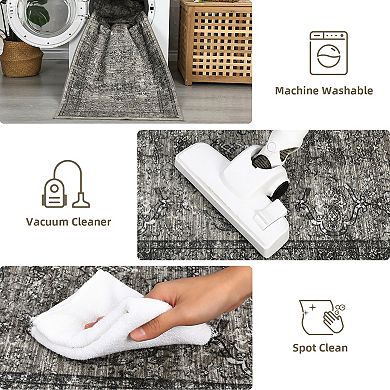 Washable Distressed Accent Rug, Ultra Thin Soft Foldable Vintage Floral Print Carpet