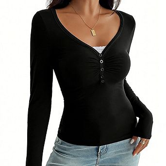Women's Stretchy V-Neck Long-Sleeve Knit Blouse Fitted Button-Front Top Casual Shirt