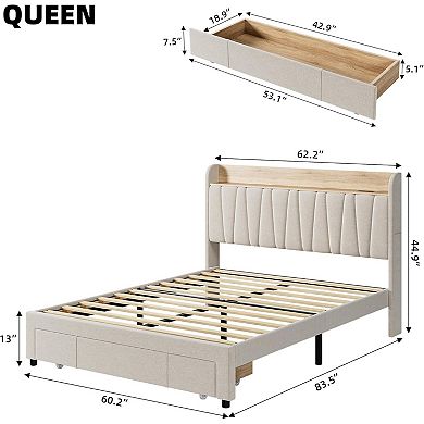 Bed Frame with Storage Drawer Upholstered Platform Bed with Charging Station and Storage Headboard