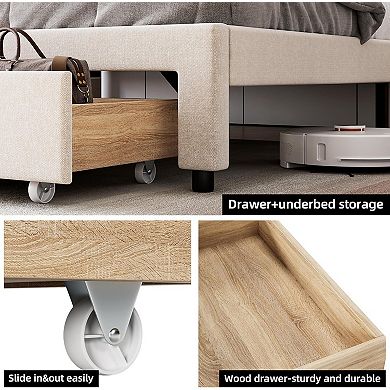 Bed Frame with Storage Drawer Upholstered Platform Bed with Charging Station and Storage Headboard