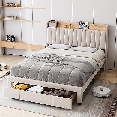 Bed Frame with Storage Drawer Upholstered Platform Bed with Charging Station and Storage Headboard