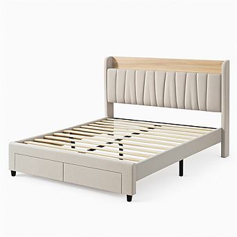 Bed Frame with Storage Drawer Upholstered Platform Bed with Charging Station and Storage Headboard