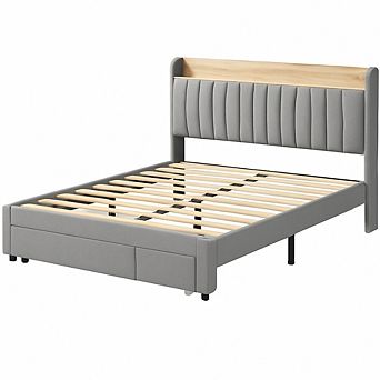 Bed Frame with Storage Drawer Upholstered Platform Bed with Charging Station and Storage Headboard
