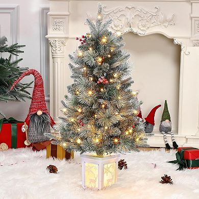 3FT Prelit Artificial Christmas Tree with Lights, Artificial Christmas Tree with Reindeer Base