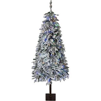 Artificial Christmas Tree Prelit, Snow Flocked Xmas Tree with PE Branch Tips, Colorful Lights