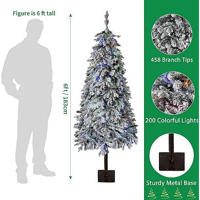 Artificial Christmas Tree Prelit, Snow Flocked Xmas Tree with PE Branch Tips, Colorful Lights