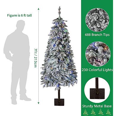 Artificial Christmas Tree Prelit, Snow Flocked Xmas Tree with PE Branch Tips, Colorful Lights