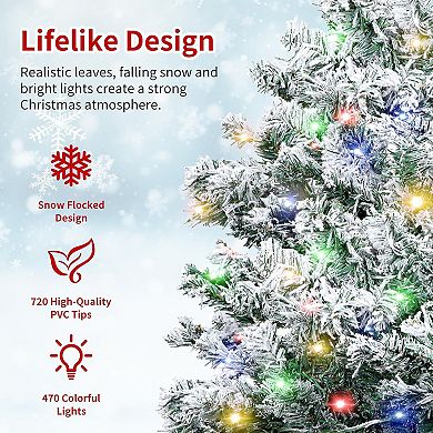 6.5Ft Snow Flocked Christmas Tree, Pre-Lit Xmas Tree with Multi-Color Lights & Realistic Branch Tips