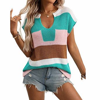 Women's Color-Block Sweater Short-Sleeve U-Neck Knit Top for Trendy Casual Looks
