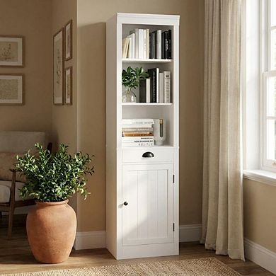 71" Tall Bookcase with Drawers & Doors, 3-Tier Open Narrow Bookshelf with Adjustable Shelves