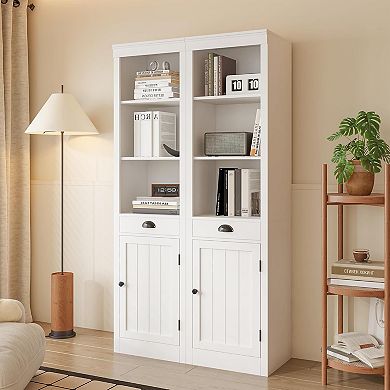 71" Tall Bookcase with Drawers & Doors, 3-Tier Open Narrow Bookshelf with Adjustable Shelves