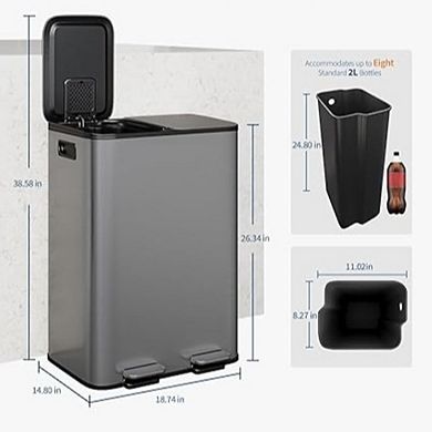 Metal Waste Bin with Removable PP Buckets, Fingerprint-Proof, Space-Saving Design for Home, Kitchen