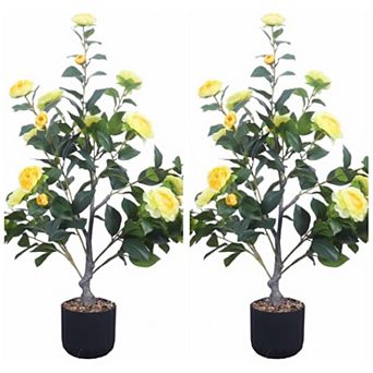 2 pc 3 ft Artificial Camellia Tree, Faux Camellia Plant in Pot with Realistic Flowers
