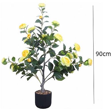 2Pcs 3 ft Artificial Camellia Tree, Faux Camellia Plant in Pot with Realistic Flowers