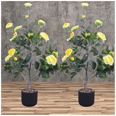 2Pcs 3 ft Artificial Camellia Tree, Faux Camellia Plant in Pot with Realistic Flowers