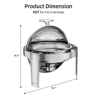 6 Quart Round Stainless Steel Chafing Dish Set, Commercial Quality Roll Top Buffet Warmer with Lid