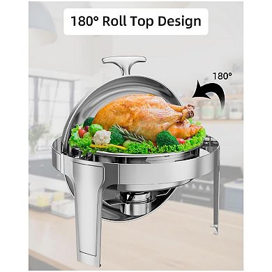 6 Quart Round Stainless Steel Chafing Dish Set, Commercial Quality Roll Top Buffet Warmer with Lid
