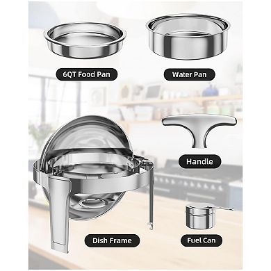 6 Quart Round Stainless Steel Chafing Dish Set, Commercial Quality Roll Top Buffet Warmer with Lid
