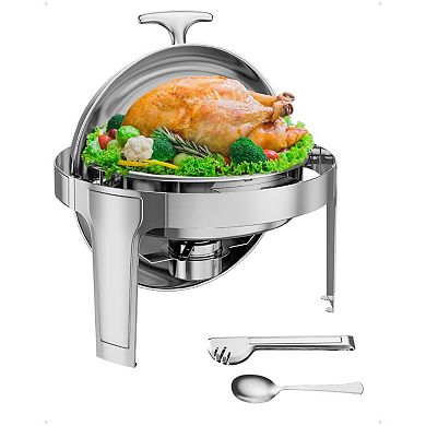 6 Quart Round Stainless Steel Chafing Dish Set, Commercial Quality Roll Top Buffet Warmer with Lid