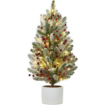 24" Pre-lit Table Top Christmas Tree with Lights, Artificial Christmas Tree with Cement Basin Base
