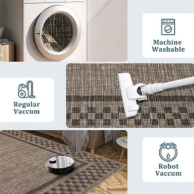 Washable Area Rug，Modern Checkerboard Design with Border, Non-Shedding & Non-Slip