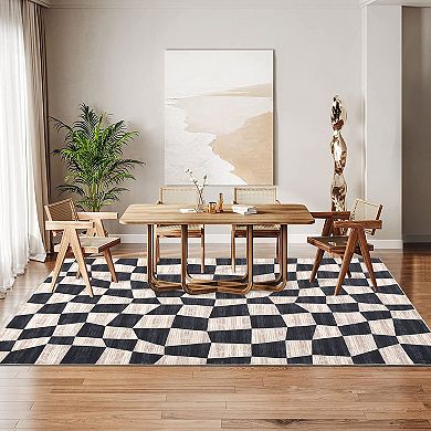 Modern Geometric Area Rug Washable, Non-Slip, Abstract Plaid, Low Pile for Bedroom, Living Room