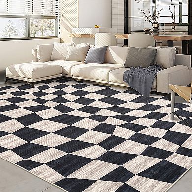 Modern Geometric Area Rug Washable, Non-Slip, Abstract Plaid, Low Pile for Bedroom, Living Room