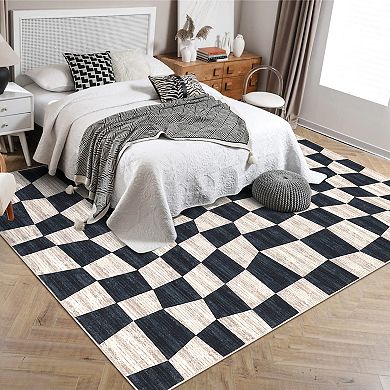 Modern Geometric Area Rug Washable, Non-Slip, Abstract Plaid, Low Pile for Bedroom, Living Room