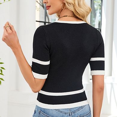 Womens Contrast Knit Top Crew Neck Short Sleeve Button Slim Fit Casual Blouse for Work Office Date