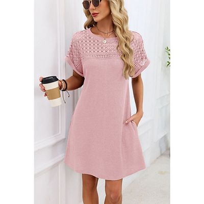 Womens Tops Casual Scoop Neck Short Sleeve Waffle Knit Hollow Out Shirts  Loose Tunic Summer Dress