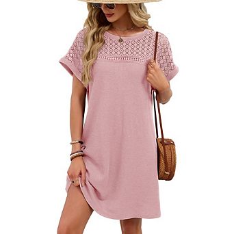 Womens Tops Casual Scoop Neck Short Sleeve Waffle Knit Hollow Out Shirts Loose Tunic Summer Dress