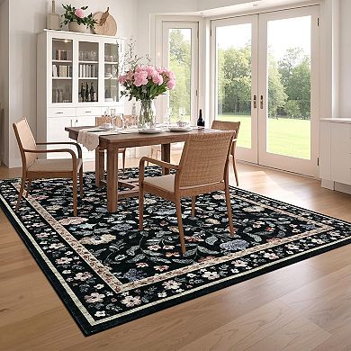 Washable Runner Rug, Soft Vintage Floral Bedside Rug for Entryway, Hallway, Kitchen, Low Pile