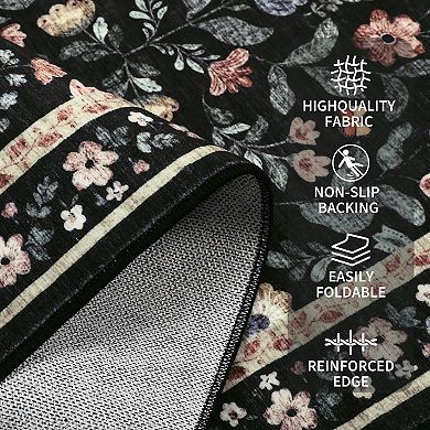 Washable Runner Rug, Soft Vintage Floral Bedside Rug for Entryway, Hallway, Kitchen, Low Pile