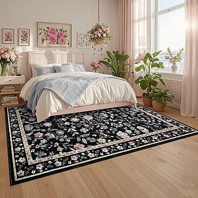 Washable Runner Rug, Soft Vintage Floral Bedside Rug for Entryway, Hallway, Kitchen, Low Pile