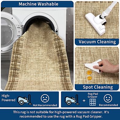 Washable Border Solid Rug, Non-Slip, Tan Rug for Living Room, Bedroom, Dining Room, Entryway