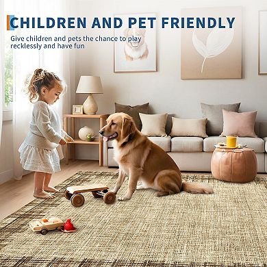 Washable Border Solid Rug, Non-Slip, Tan Rug for Living Room, Bedroom, Dining Room, Entryway
