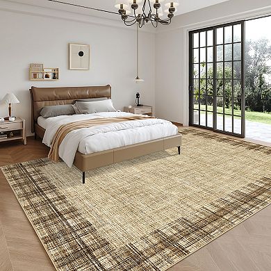 Washable Border Solid Rug, Non-Slip, Tan Rug for Living Room, Bedroom, Dining Room, Entryway