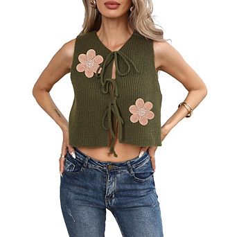 Womens Knit Vest Floral Embroidery Tie Front Sleeveless Crop Open Front Cardigan Casual Beach Travel