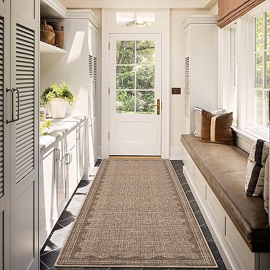 Modern Bordered Washable Area Rug, Wave-Pattern Non-Slip, Low Pile, Foldable, Stain-Resistant