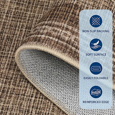 Modern Bordered Washable Area Rug, Wave-Pattern Non-Slip, Low Pile, Foldable, Stain-Resistant