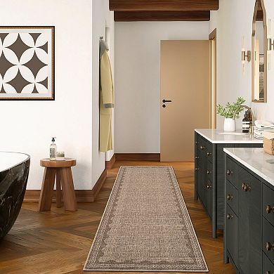 Modern Bordered Washable Area Rug, Wave-Pattern Non-Slip, Low Pile, Foldable, Stain-Resistant