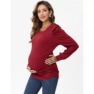 Maternity Bubble Sleeve Pullover Soft Ribbed Long Sleeve Top