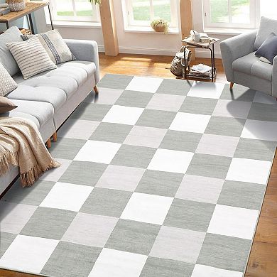 Modern Plaid Area Rug, Minimalist Thin Carpet for Living Room Bedroom Entryway Office