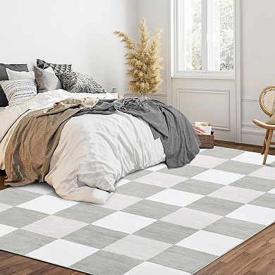 Modern Plaid Area Rug, Minimalist Thin Carpet for Living Room Bedroom Entryway Office