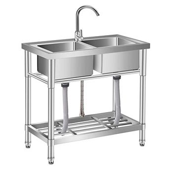 33" Stainless Steel Utility Sink, Freestanding Double Bowl Laundry Sink w/Hot/Cold 360° Faucet