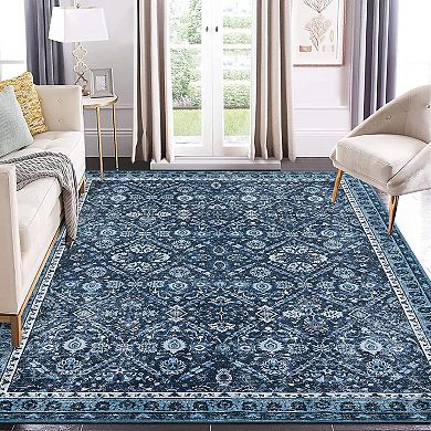 Vintage Medallion Washable Rug, Non-Slip Low Pile Carpet for Dining Room Office